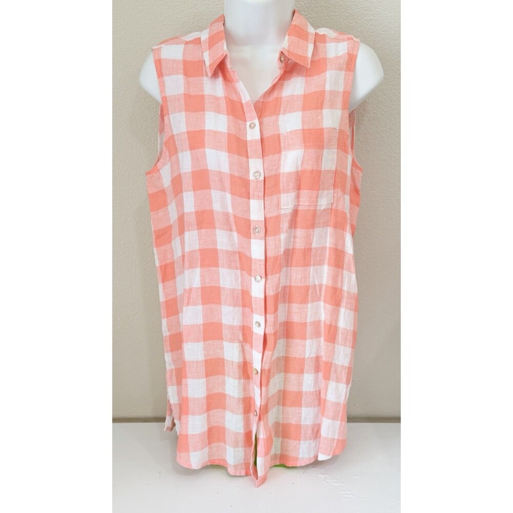 Isaac Mizrahi 100% Linen Sleeveless Button Down Shirt Women S Peach Gingham